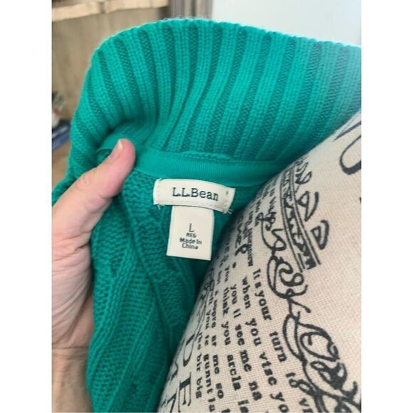 LL Bean Sweater Large Green Cable Knit Full Zip Cardigan - Picture 2 of 7